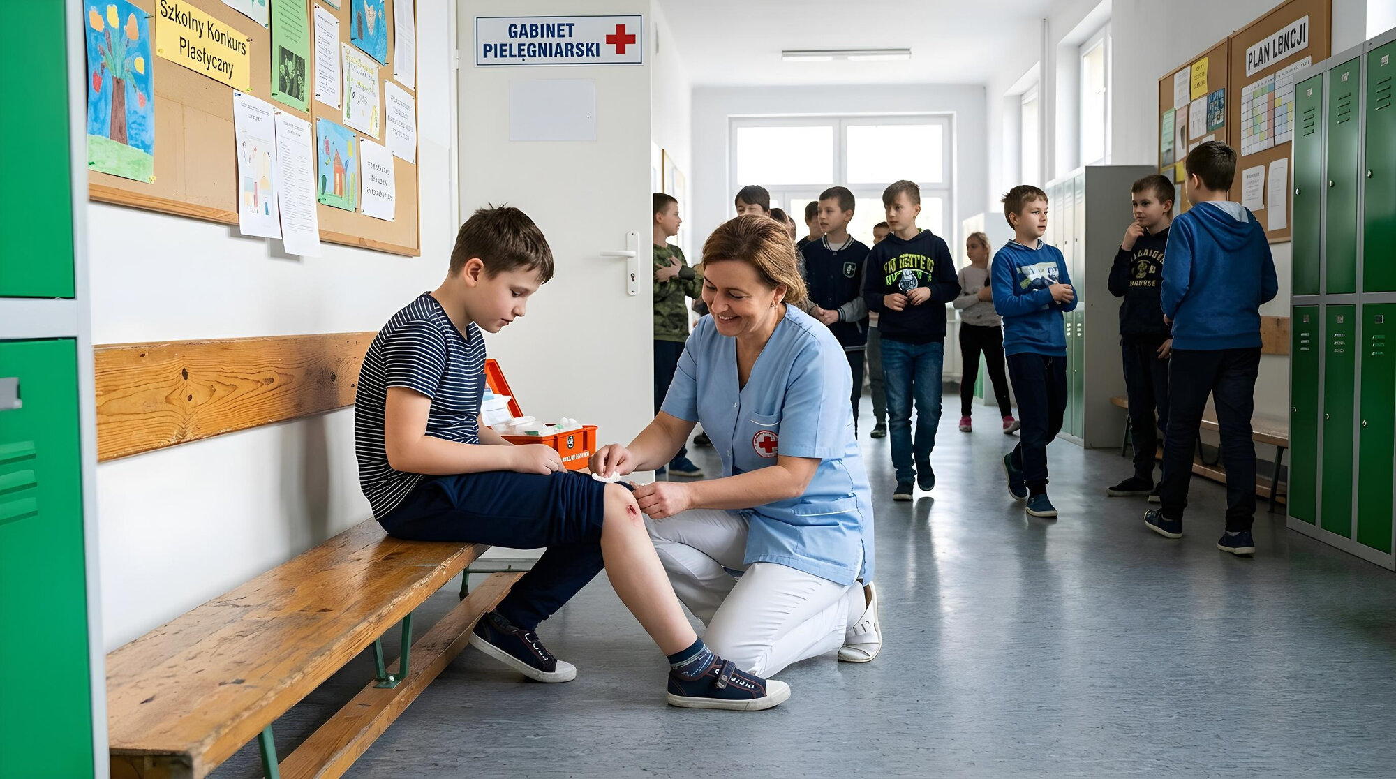 Uraz w szkole – pielęgniarka opatruje kolano ucznia na korytarzu szkolnym