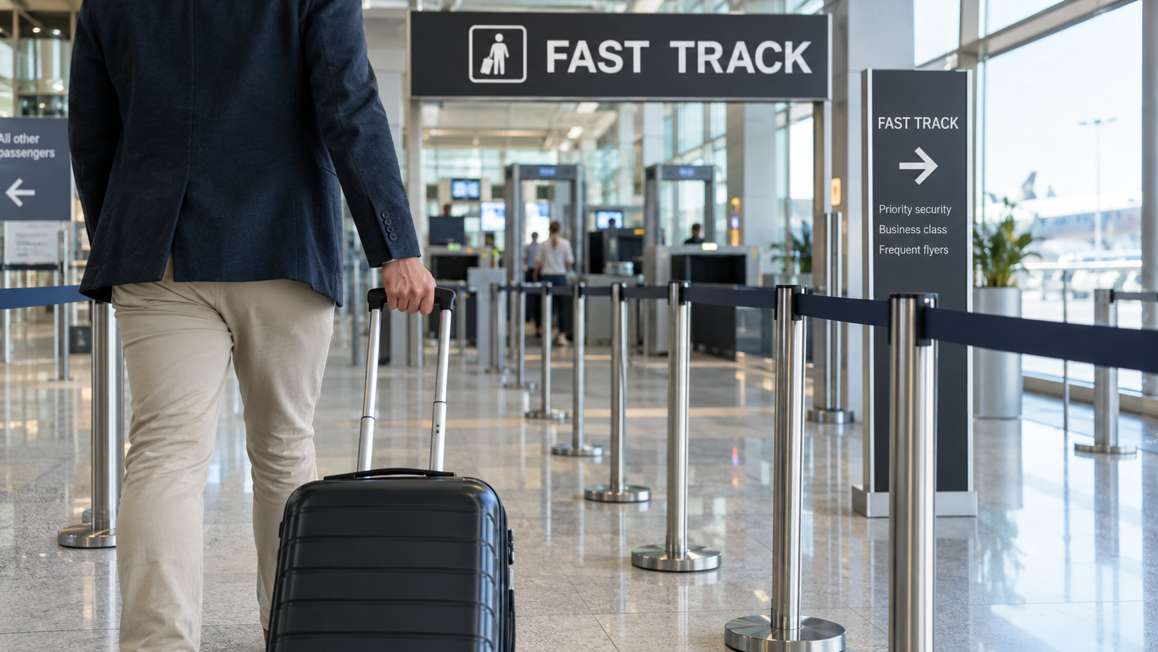 Podróżny z walizką przy wejściu do wydzielonej ścieżki kontroli bezpieczeństwa Fast Track na lotnisku.
