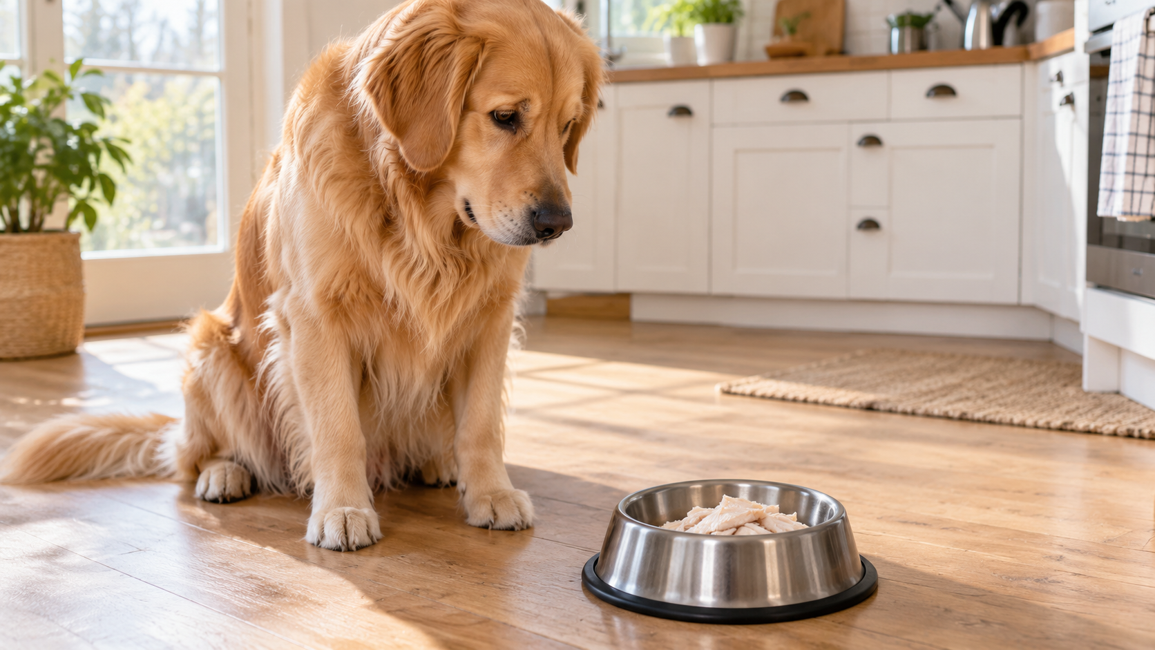 Golden retriever siedzący w kuchni obok miski z kawałkami gotowanej ryby.