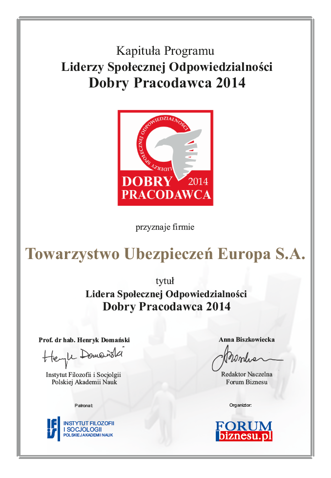 Dobry Pracodawca 2014 certyfikat